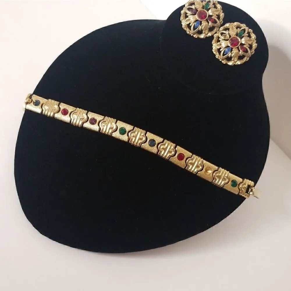 Vintage gold rhinestone panel link bracelet And Matching Earrings Set